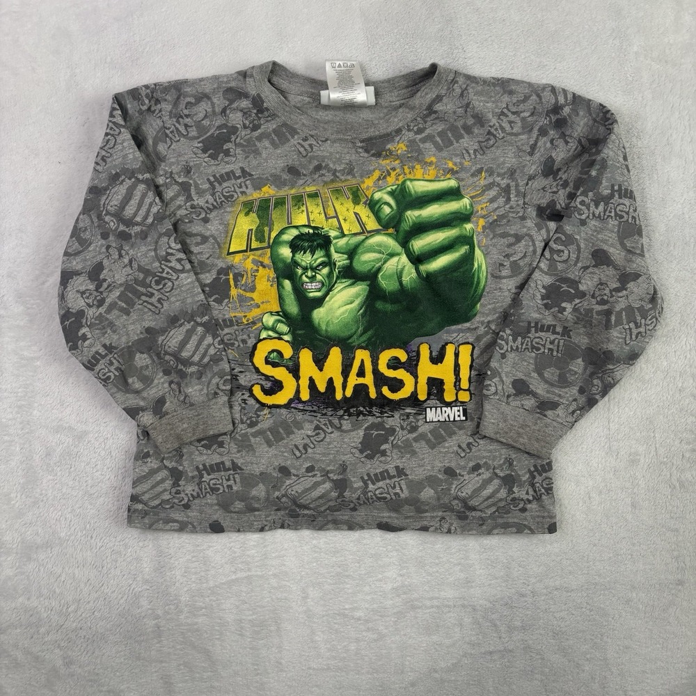 Y2K 2008 Hulk Marvel AOP Grey Long Sleeve Graphic Shirt Boys Size 7